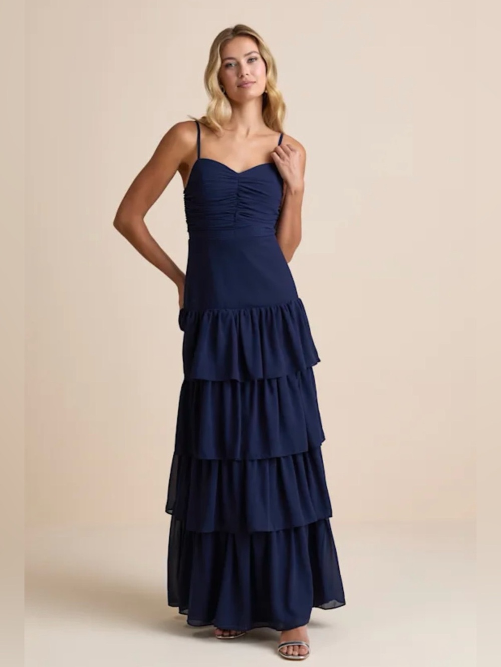Lulus Gorgeous Influence Navy Tiered Maxi Dress S NWT